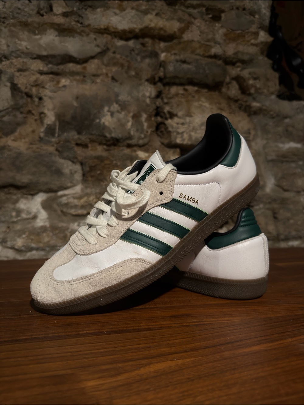 adidas Samba Leather Sneakers - White with Green Stripes - Picture 2 of 7